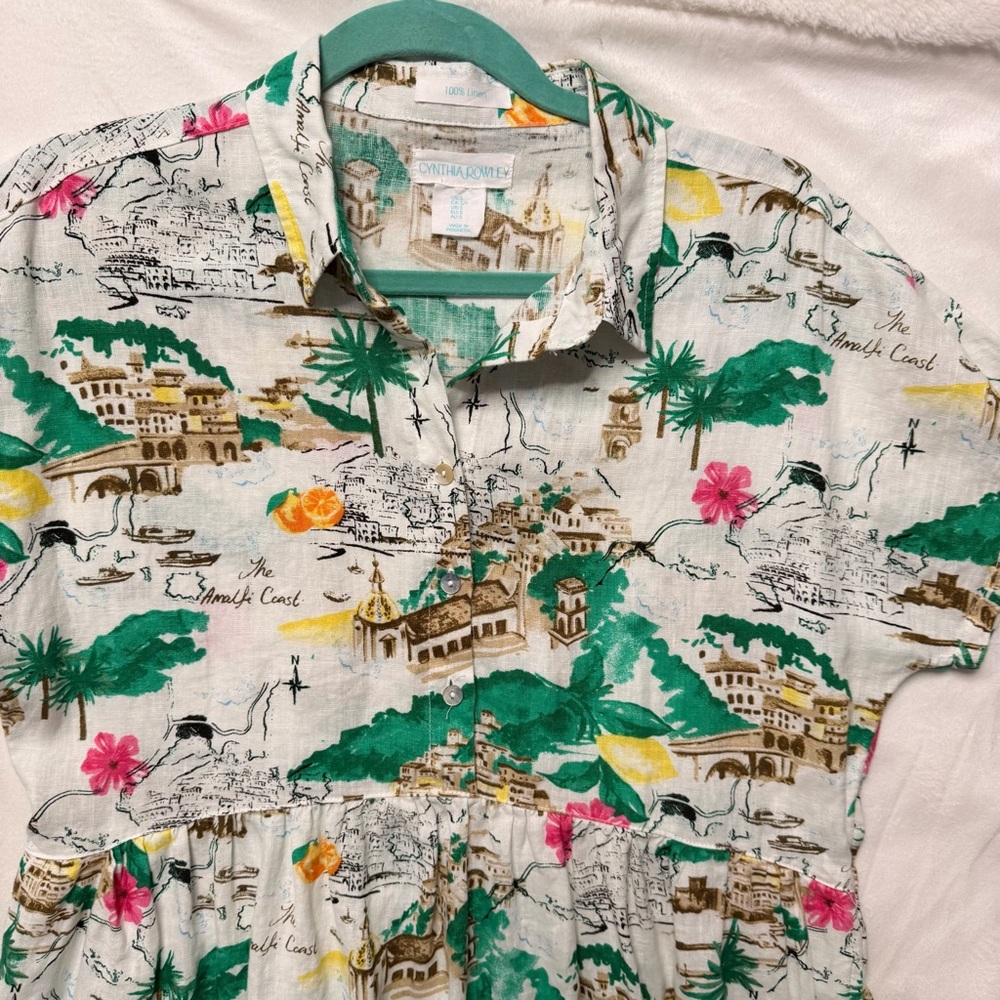 Cynthia Rowley 100% Linen Amalfi Coast Novelty Print Tiered Dress Small Boho - Picture 3 of 9
